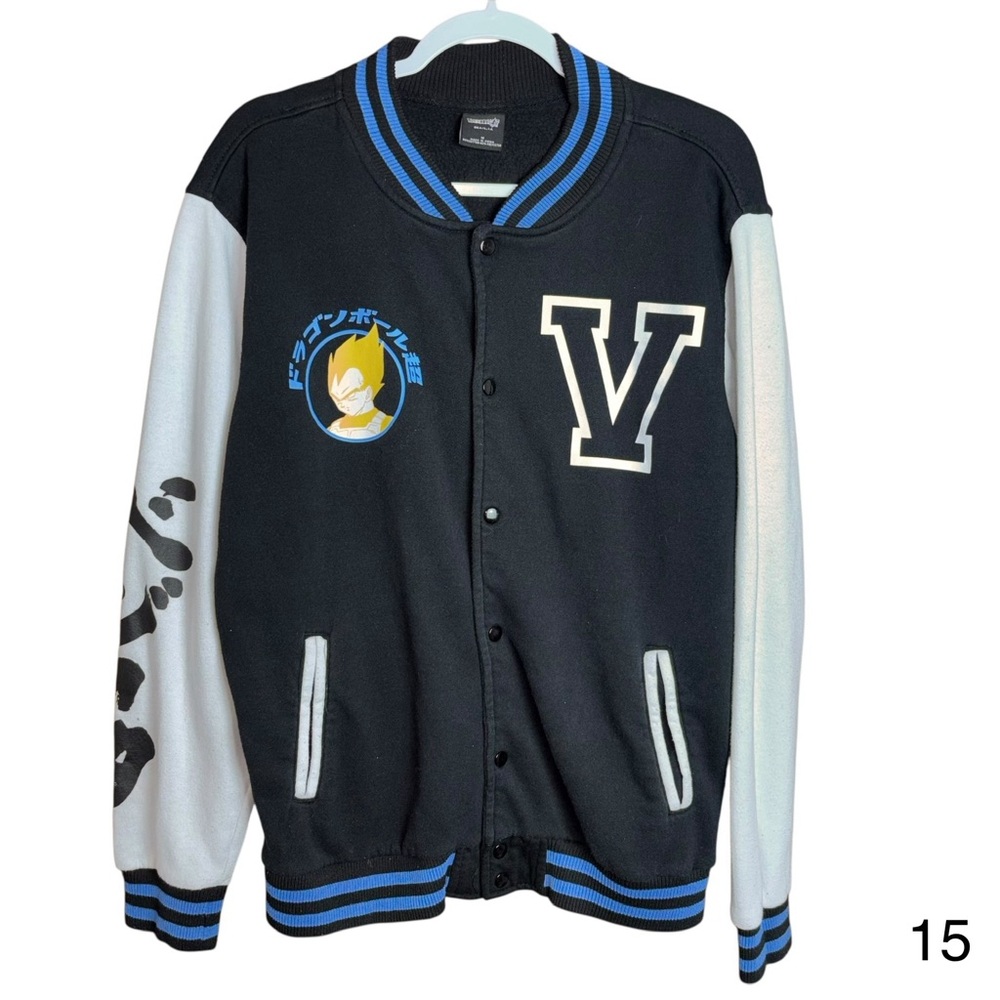 dragonball z vegeta mens medium varsity snap button black white anime jacket